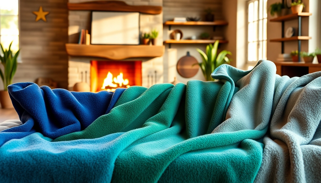 Fleece stoffen mooi gepresenteerd in een gezellige woonkamer met warme verlichting.
