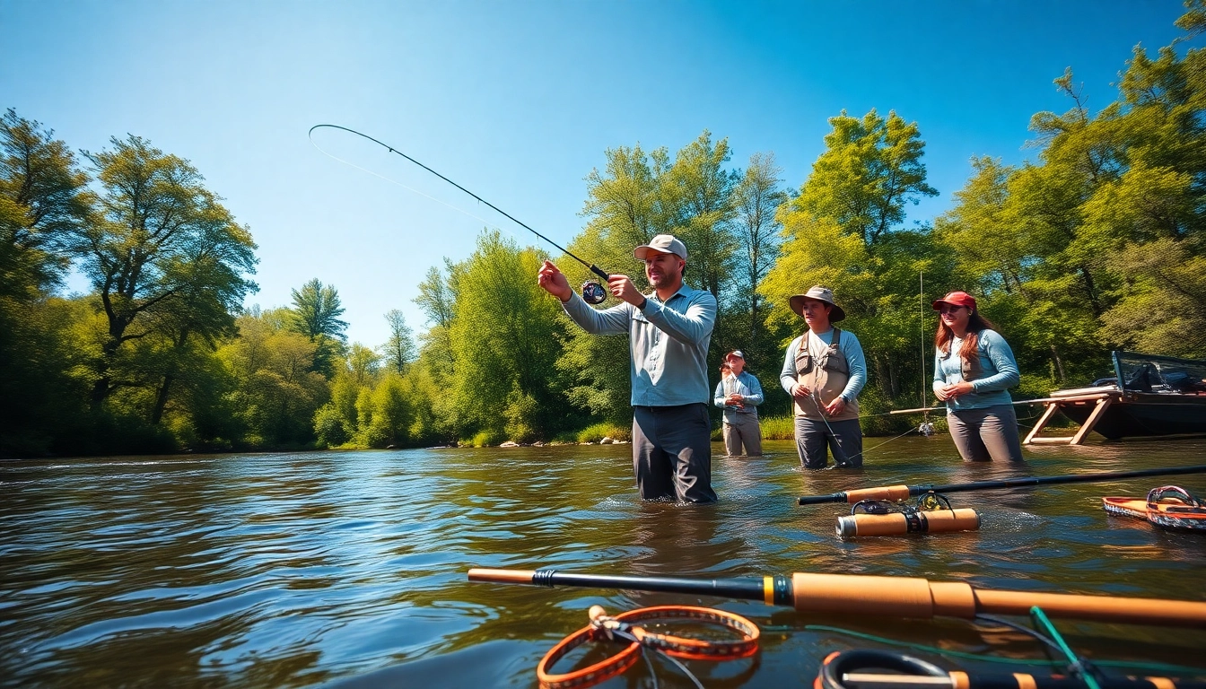 Engaging fly fishing lessons near me with expert instruction and beautiful river backdrop.
