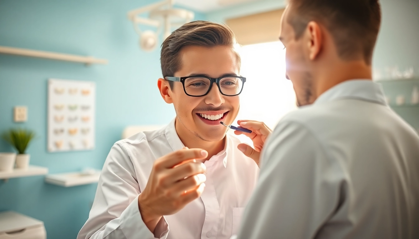Orthodontist showing braces Myrtle Beach to a young patient in a bright clinic.