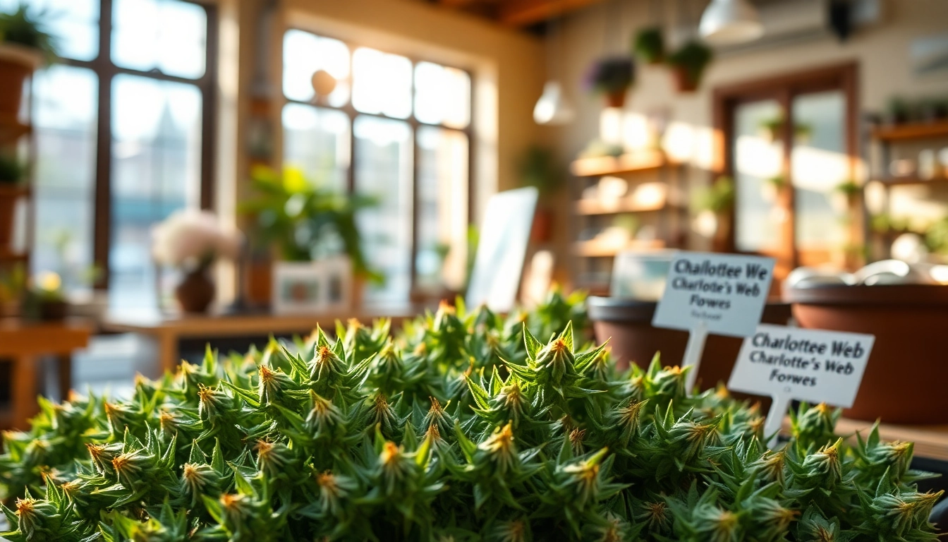 Explore Charlotte's Web flower for sale showcased in a vibrant shop setting filled with green hues.