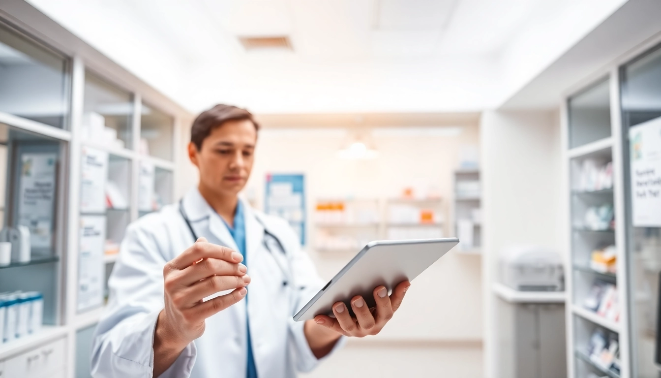 Highlighting benefits of electronic prescribing through a doctor using a tablet in a modern clinic.