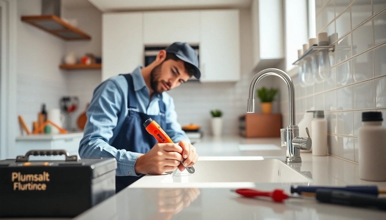 Plumbing expert repairing a sink in a modern kitchen, showcasing professional craftsmanship.