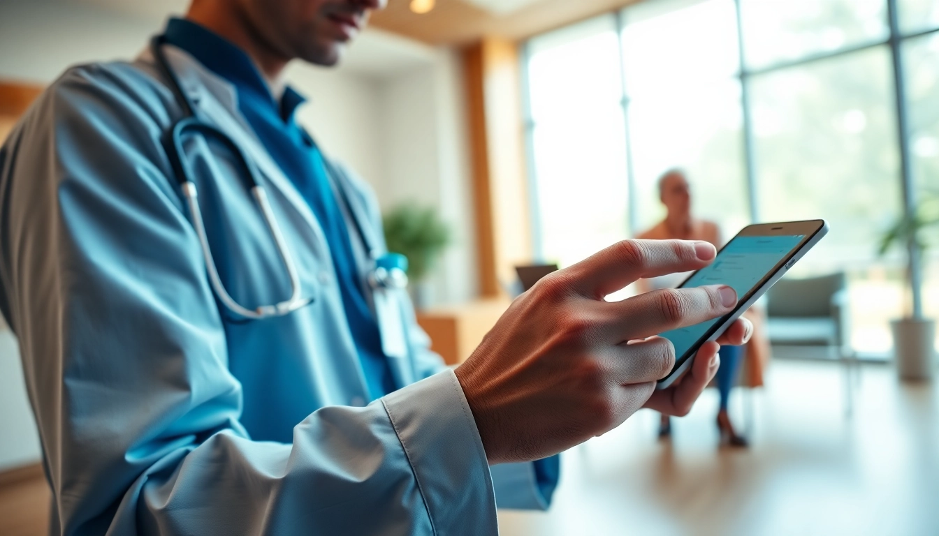Engaging healthcare professional demonstrating apps for electronic prescriptions on a tablet in a modern clinic.
